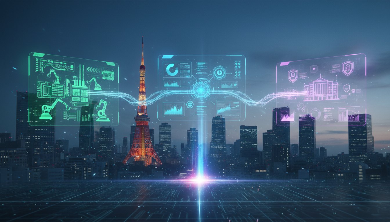 LGC platforms over Tokyo — AIDC engineering intelligence, LMSaaS business automation and JDP government services, unified by one AI core