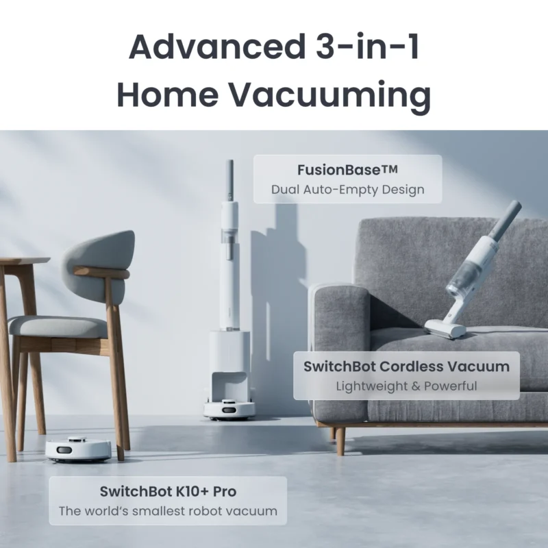 The SwitchBot K10+ Pro Combo is an ultra-compact robot vacuum and mop combo designed for smart home automation. It features intelligent navigation, automatic dust collection, and seamless integration with voice assistants like Alexa, Google Assistant, and Apple HomeKit.