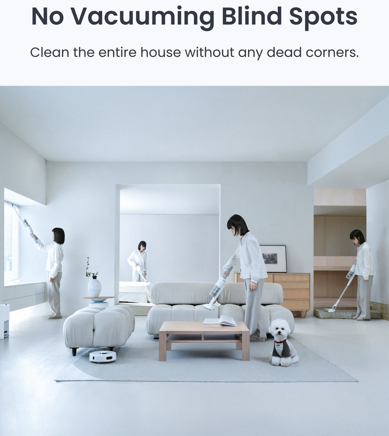 SwitchBot K10+ Pro Combo offers comprehensive cleaning with dual machine connectivity for 100% floor coverage on various surfaces, including sofas, carpets,