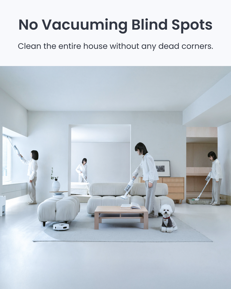 SwitchBot K10+ Pro Combo offers comprehensive cleaning with dual machine connectivity for 100% floor coverage on various surfaces, including sofas, carpets,